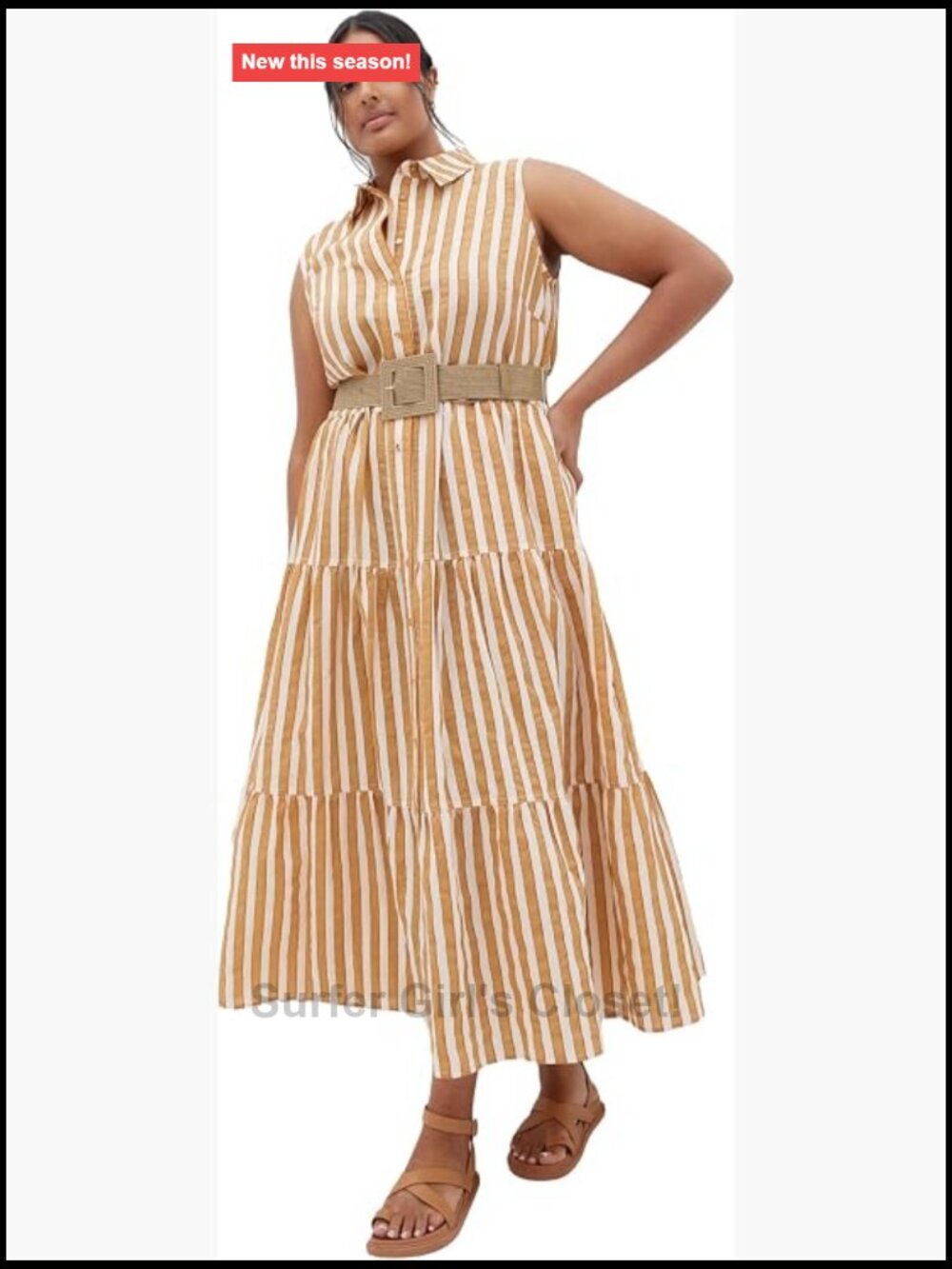 Plus Size Sleeveless Collared Midi Dress - A-Line Tiered